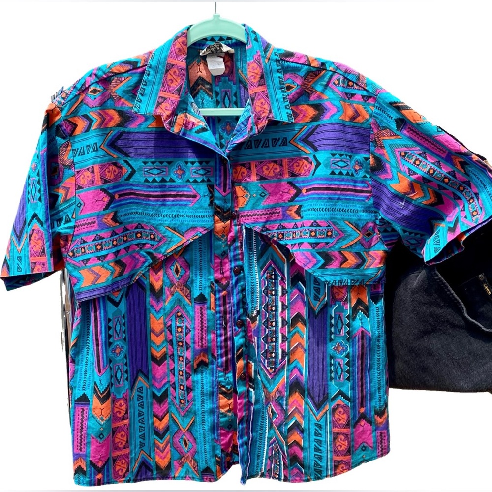 1980’s Vintage Geometric Western Short Sleeve Button Up Sz. L
